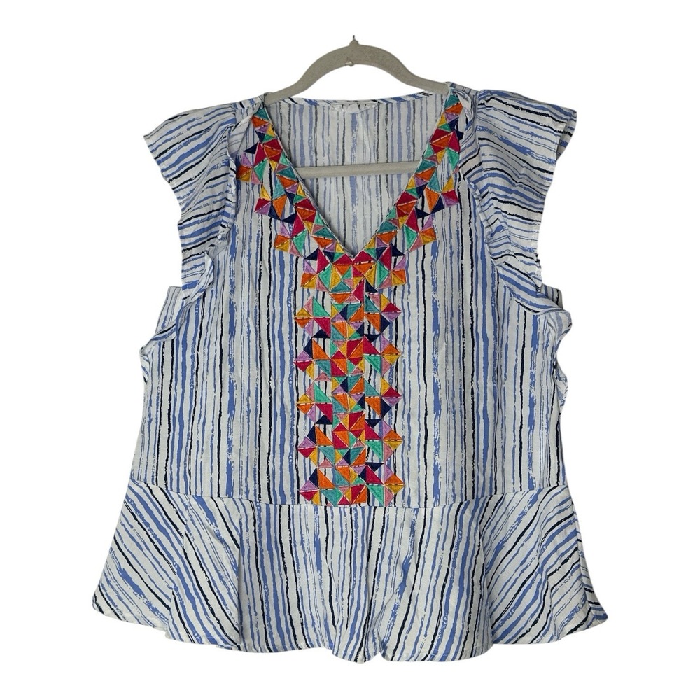 THML Top Blouse  Womens Small  Striped Embroidery Short Sleeve Colorful